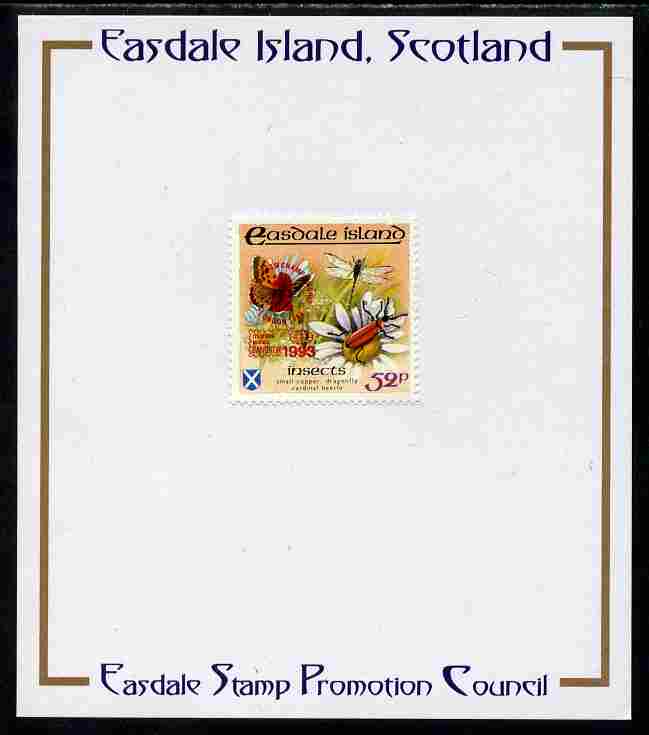 Easdale 1993 World Chess Championships overprinted in red on Flora & Fauna perf 52p (Butterfly & Insects) mounted on Publicity proof card issued by the Easdale Stamp Promotion Council , stamps on chess, stamps on insects, stamps on butterflies, stamps on dragonflies