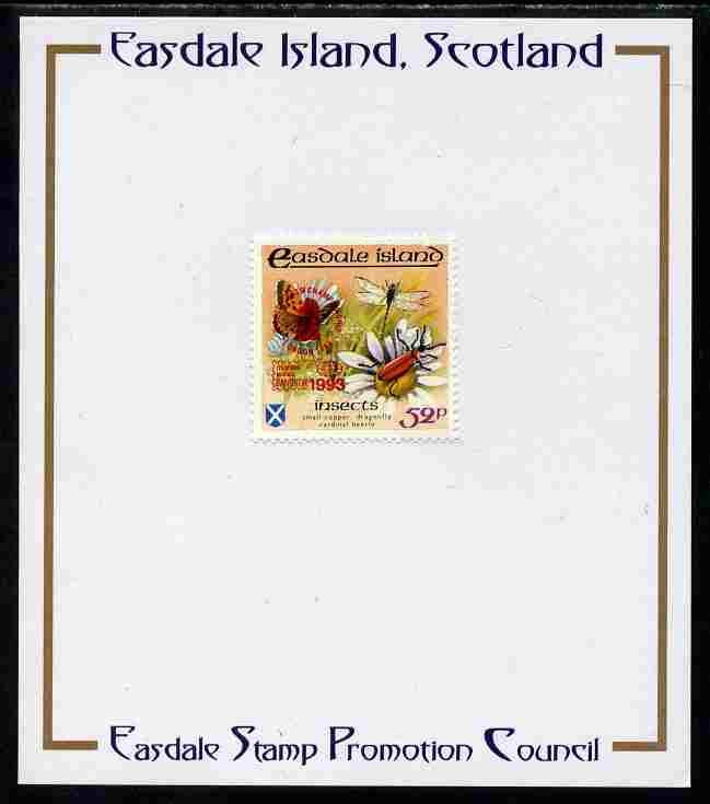 Easdale 1993 World Chess Championships overprinted in red on Flora & Fauna perf 52p (Butterfly & Insects) mounted on Publicity proof card issued by the Easdale Stamp Prom..., stamps on chess, stamps on insects, stamps on butterflies, stamps on dragonflies