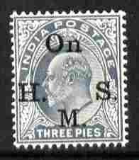 India 1902-09 Official KE7 3p grey overprinted OnHMS unmounted mint SG O54, stamps on , stamps on  stamps on , stamps on  stamps on  ke7 , stamps on  stamps on 