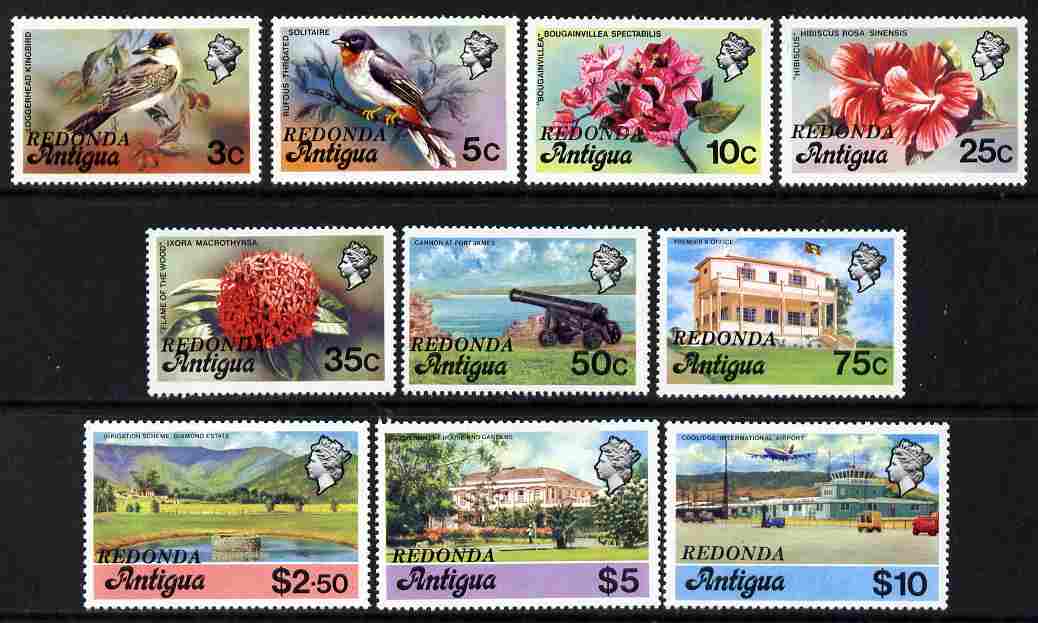 Antigua - Redonda 1979 defintive set of 10 values to $10 overprinted for use in Redonda, unmounted mint , stamps on , stamps on  stamps on birds, stamps on  stamps on flowers, stamps on  stamps on aviation, stamps on  stamps on airports