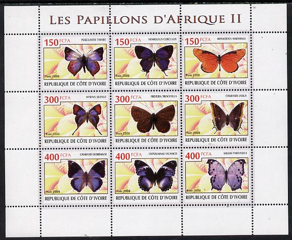 Ivory Coast 2009 Butterflies of Africa #2 perf sheetlet containing 9 values unmounted mint, stamps on butterflies