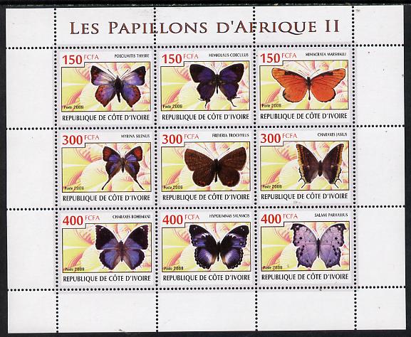 Ivory Coast 2009 Butterflies of Africa #2 perf sheetlet containing 9 values unmounted mint, stamps on , stamps on  stamps on butterflies