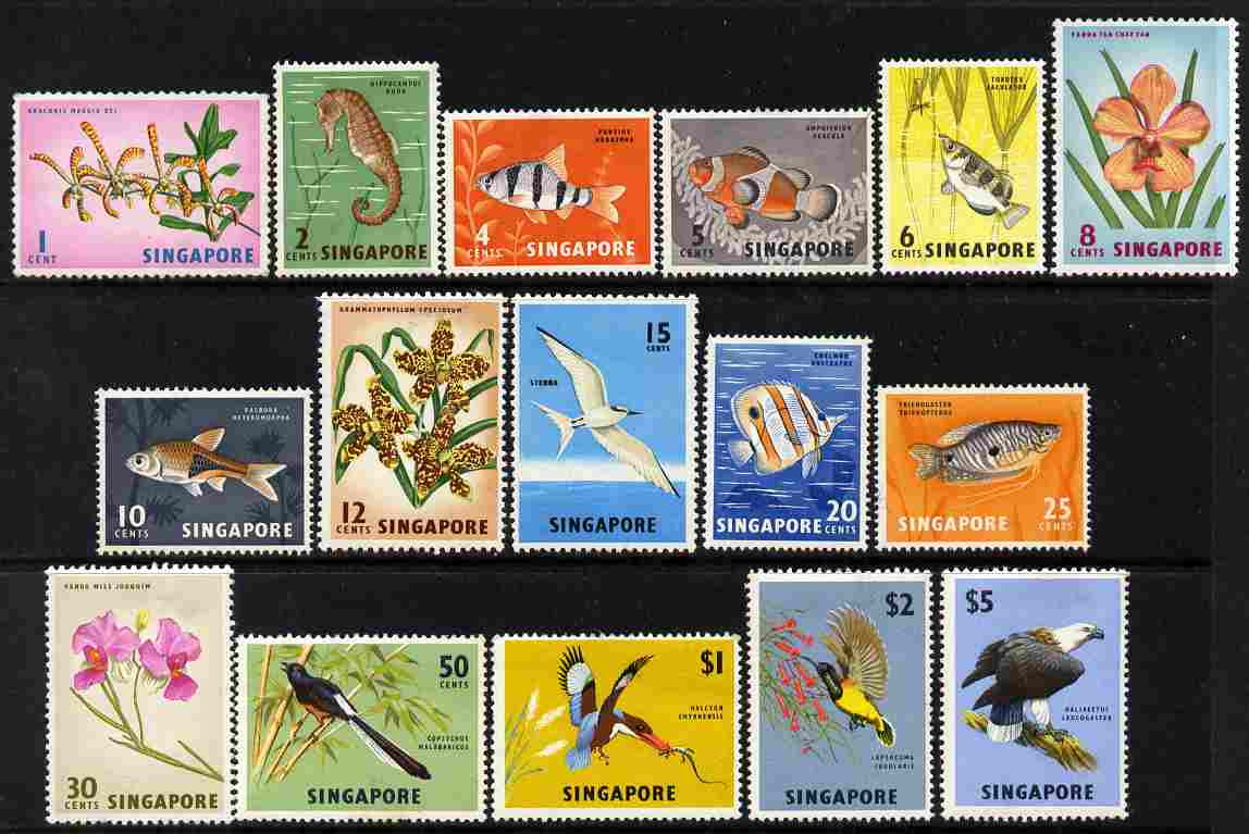 Singapore 1962-66 Pictorial definitive set complete 16 values, several are unmounted mint but others have some gum disturbance SG 63-77, stamps on , stamps on  stamps on birds, stamps on  stamps on fish, stamps on  stamps on flowers
