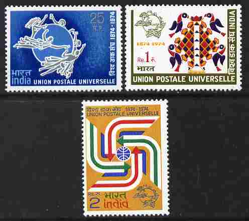 India 1974 Centenary of UPU perf set of 3 unmounted mint, SG 740-42, stamps on , stamps on  stamps on , stamps on  stamps on  upu , stamps on  stamps on 