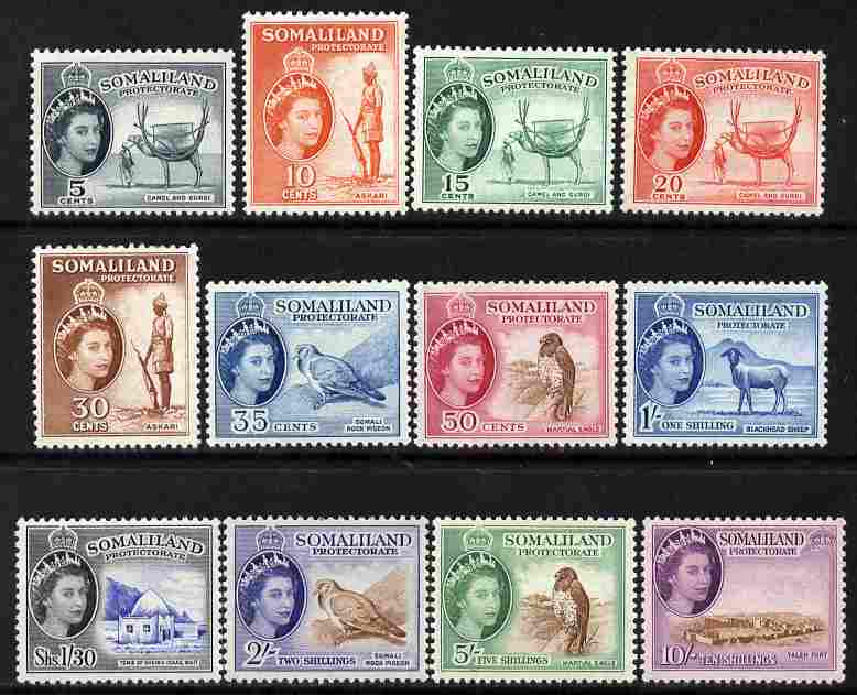Somaliland 1953-58 QEII Pictorial definitive set 12 values complete lightly mounted mint SG 137-48, stamps on 
