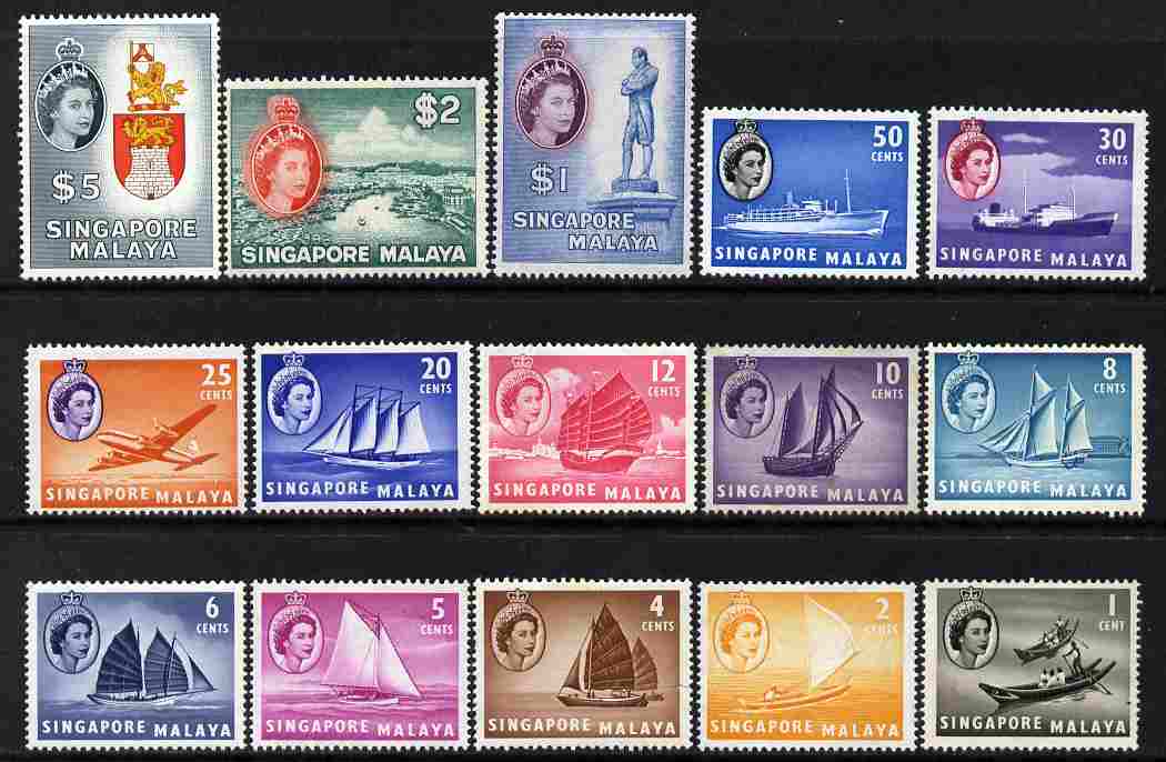 Singapore 1955-59 Pictorial definitive set of 15 complete (ships etc) lightly mounted mint SG 38-52, stamps on ships, stamps on aviation