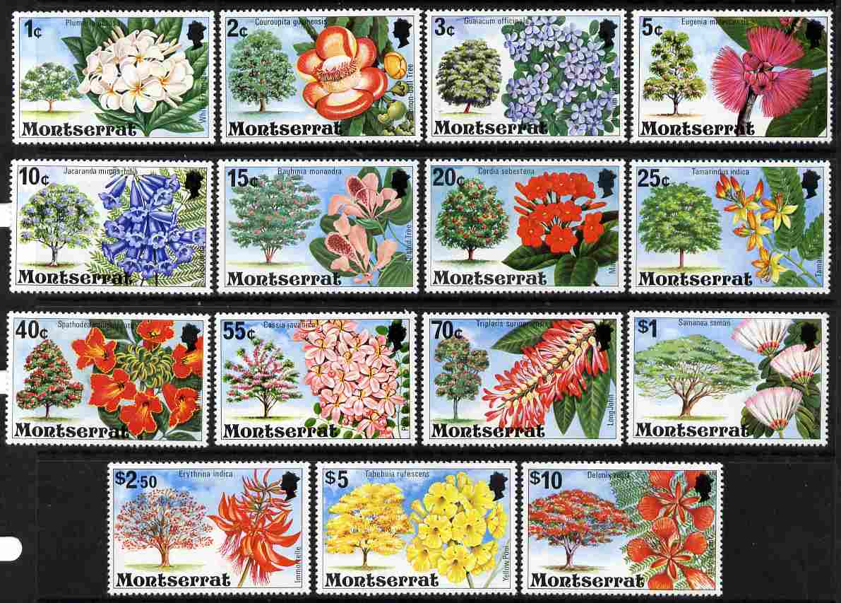 Montserrat 1976 Flowering Trees definitive set of 15 complete very lightly mounted mint SG 371-85, stamps on trees