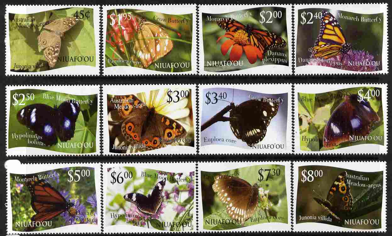 Tonga - Niuafo'ou 2012 Butterflies #1 perf set of 12 values (white background) unmounted mint, stamps on , stamps on  stamps on butterflies