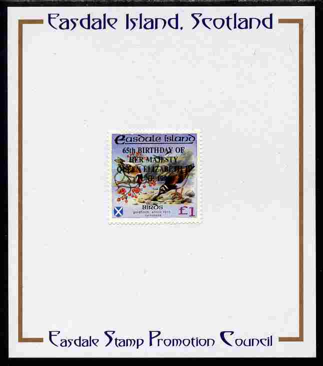 Easdale 1991 65th Birthday of Queen Elizabeth overprinted in black on Flora & Fauna perf definitive A31 (Birds) mounted on Publicity proof card issued by the Easdale Stamp Promotion Council , stamps on , stamps on  stamps on birds