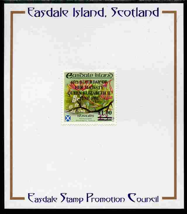 Easdale 1991 65th Birthday of Queen Elizabeth overprinted in black on Flora & Fauna perf definitive A31 on A33.10 (Shrubs) mounted on Publicity proof card issued by the Easdale Stamp Promotion Council , stamps on , stamps on  stamps on flowers