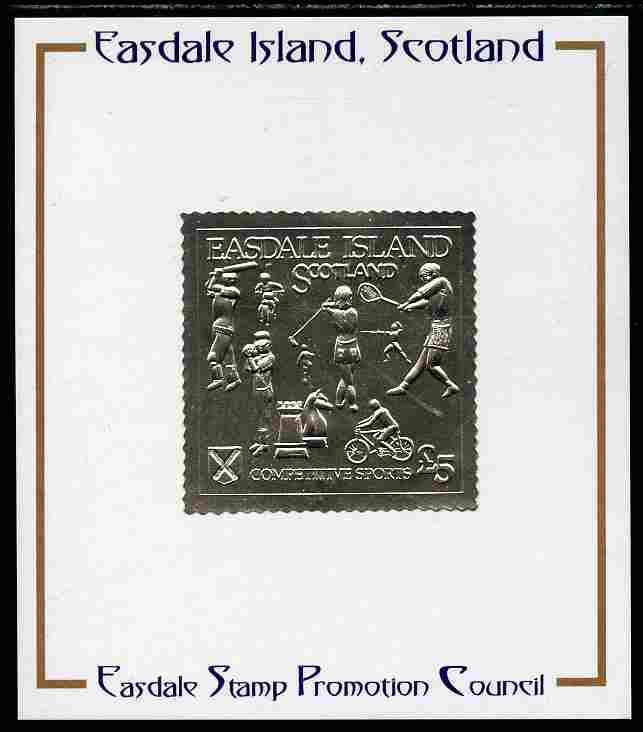 Easdale 1991 Competitive Sport #1 £5 embossed in silver foil (with border showing Golf, Cricket, Tennis, Scrambling, Bowls, Fencing, Cycling & Chess) mounted on Publicit..., stamps on sport, stamps on bicycles, stamps on chess, stamps on cricket, stamps on fencing, stamps on golf, stamps on tennis, stamps on bowls, stamps on motorbikes, stamps on football