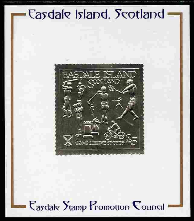 Easdale 1991 Competitive Sport #1 Â£5 embossed in silver foil (with border showing Golf, Cricket, Tennis, Scrambling, Bowls, Fencing, Cycling & Chess) mounted on Publicity proof card issued by the Easdale Stamp Promotion Council , stamps on , stamps on  stamps on sport, stamps on  stamps on bicycles, stamps on  stamps on chess, stamps on  stamps on cricket, stamps on  stamps on fencing, stamps on  stamps on golf, stamps on  stamps on tennis, stamps on  stamps on bowls, stamps on  stamps on motorbikes, stamps on  stamps on football