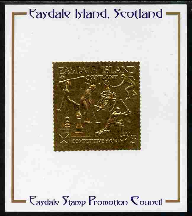 Easdale 1991 Competitive Sport #2 £5 embossed in gold foil (without border showing Golf, Cricket, Tennis, Motor-Cycling, Baseball & Chess) mounted on Publicity proof card issued by the Easdale Stamp Promotion Council , stamps on sport, stamps on chess, stamps on cricket, stamps on golf, stamps on tennis, stamps on motorbikes, stamps on baseball