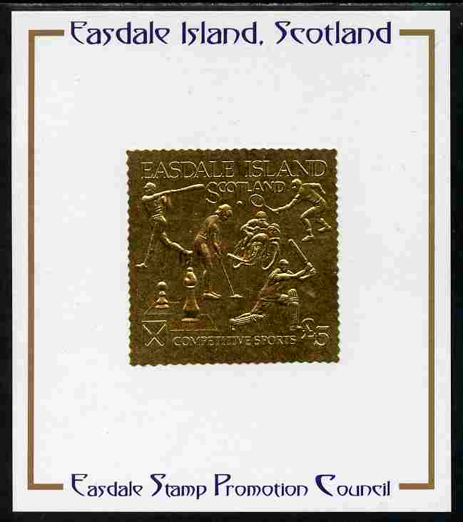 Easdale 1991 Competitive Sport #2 £5 embossed in gold foil (without border showing Golf, Cricket, Tennis, Motor-Cycling, Baseball & Chess) mounted on Publicity proof card issued by the Easdale Stamp Promotion Council 