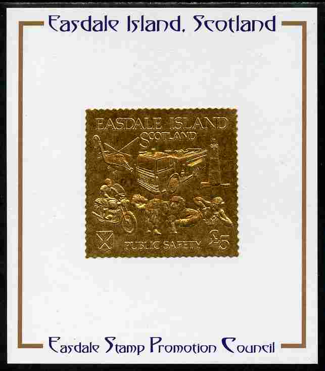 Easdale 1991 Public Safety Â£5 embossed in gold foil (showing Lighthouse, Fire engine, Rescue Dog, Helicopter, First-Aid & Motorcyclist) mounted on Publicity proof card..., stamps on lighthouses, stamps on fire, stamps on dogs, stamps on helicopters, stamps on aviation, stamps on medical, stamps on motorbikes, stamps on bernard, stamps on rescue