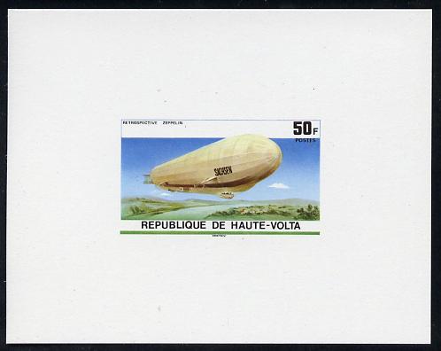 Upper Volta 1976 Zeppelin Airships 50f imperf deluxe proof sheet in issued colours on thin card, stamps on , stamps on  stamps on aviation, stamps on  stamps on airships, stamps on  stamps on zeppelins