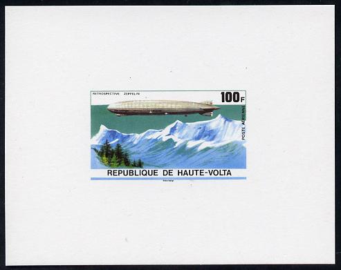 Upper Volta 1976 Zeppelin Airships 100f imperf deluxe proof sheet in issued colours on thin card, stamps on aviation, stamps on airships, stamps on zeppelins