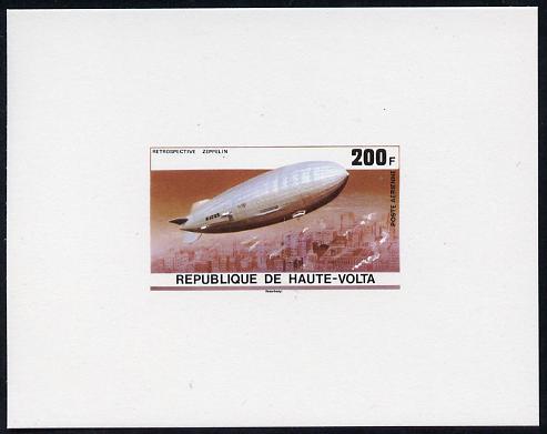 Upper Volta 1976 Zeppelin Airships 200f imperf deluxe proof sheet in issued colours on thin card, stamps on , stamps on  stamps on aviation, stamps on  stamps on airships, stamps on  stamps on zeppelins