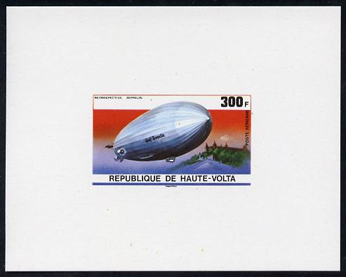 Upper Volta 1976 Zeppelin Airships 300f imperf deluxe proof sheet in issued colours on thin card, stamps on aviation, stamps on airships, stamps on zeppelins