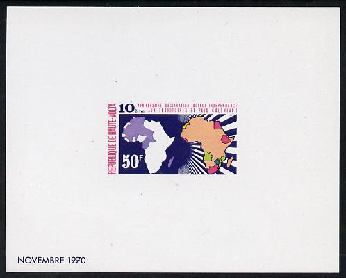 Upper Volta 1970 Tenth Anniversary of United Nations Declaration 50f imperf deluxe proof sheet in issued colours on glossy paper as SG 320, stamps on united nations, stamps on maps