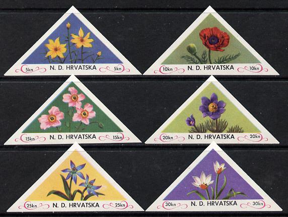 Croatia 1951 Flowers triangular set of 6 in imperf pairs unmounted mint, stamps on flowers     triangulars