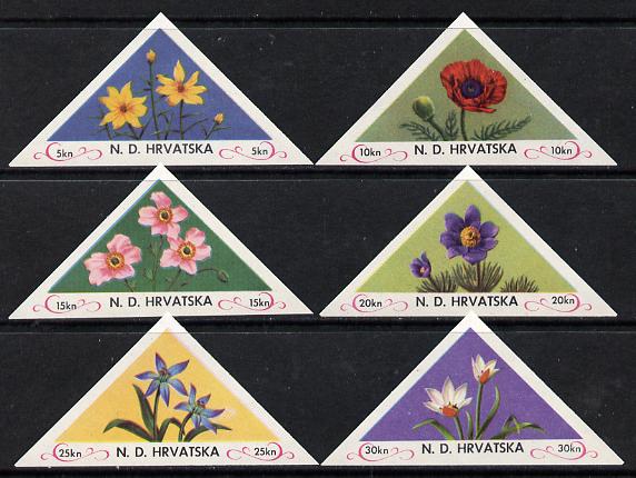 Croatia 1951 Flowers triangular set of 6 in imperf pairs unmounted mint, stamps on , stamps on  stamps on flowers     triangulars