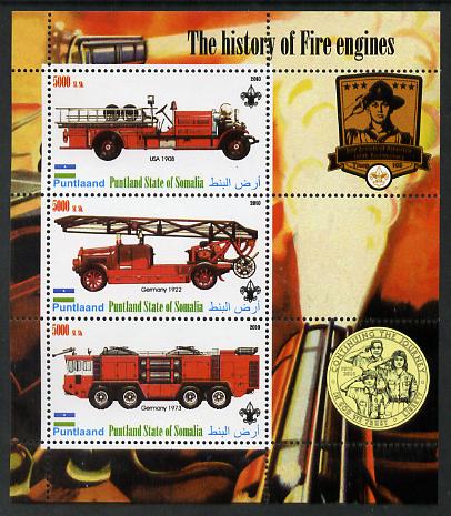 Puntland State of Somalia 2010 History of Fire Engines #2 (with Scout Logo) perf sheetlet containing 3 values unmounted mint, stamps on , stamps on  stamps on fire, stamps on  stamps on scouts