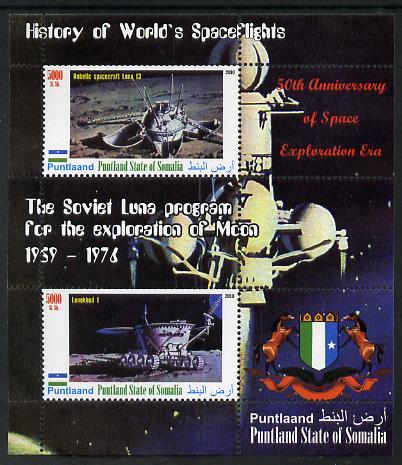 Puntland State of Somalia 2010 History of Space Flight - Soviet Moon Programme #1 perf sheetlet containing 2 values unmounted mint, stamps on , stamps on  stamps on space, stamps on  stamps on heraldry, stamps on  stamps on 