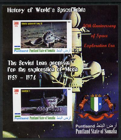 Puntland State of Somalia 2010 History of Space Flight - Soviet Moon Programme #1 imperf sheetlet containing 2 values unmounted mint, stamps on , stamps on  stamps on space, stamps on  stamps on heraldry, stamps on  stamps on 