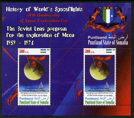 Puntland State of Somalia 2010 History of Space Flight - Soviet Moon Programme #2 perf sheetlet containing 2 values unmounted mint, stamps on , stamps on  stamps on space, stamps on  stamps on heraldry, stamps on  stamps on 