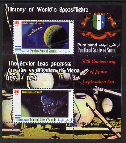 Puntland State of Somalia 2010 History of Space Flight - Soviet Moon Programme #4 perf sheetlet containing 2 values unmounted mint, stamps on space, stamps on heraldry, stamps on 
