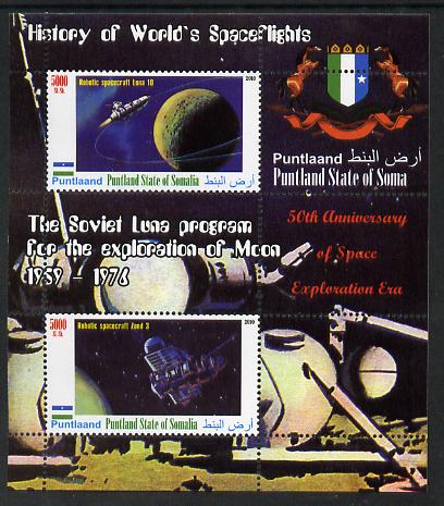 Puntland State of Somalia 2010 History of Space Flight - Soviet Moon Programme #4 perf sheetlet containing 2 values unmounted mint, stamps on , stamps on  stamps on space, stamps on  stamps on heraldry, stamps on  stamps on 