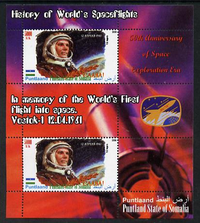 Puntland State of Somalia 2010 History of Space Flight - Vostok 1 First Flight into Space perf sheetlet containing 2 values unmounted mint, stamps on , stamps on  stamps on space, stamps on  stamps on 