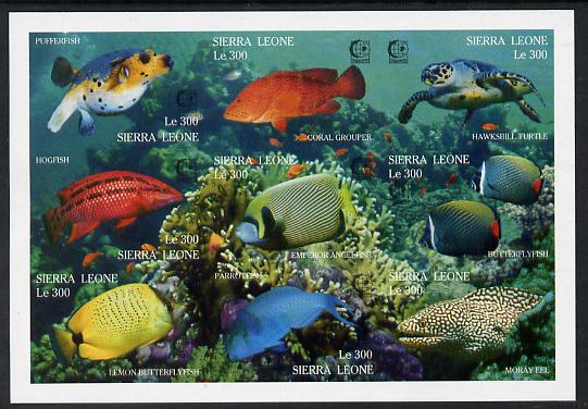 Sierra Leone 1995 Singapore 95 Stamp Exhibition - Marine Life imperf sheetlet #1 containing 9 values unmounted mint, as SG 2347a, stamps on stamp exhibitions, stamps on marine life, stamps on fish