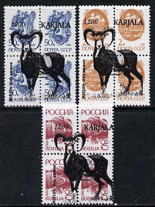 Karjala Republic - Mouflon opt set of 3 values each design opt'd on block of 4 Russian defs (Total 12 stamps) unmounted mint, stamps on animals     