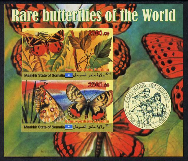 Maakhir State of Somalia 2011 Rare Butterflies #1 (with Scout Badge) imperf sheetlet containing 2 values unmounted mint, stamps on , stamps on  stamps on butterflies, stamps on  stamps on scouts