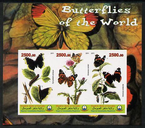 Maakhir State of Somalia 2011 Butterflies of the World #3 imperf sheetlet containing 3 values unmounted mint, stamps on , stamps on  stamps on butterflies, stamps on  stamps on 