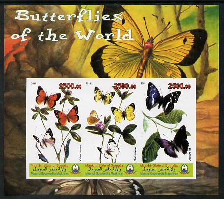 Maakhir State of Somalia 2011 Butterflies of the World #5 imperf sheetlet containing 3 values unmounted mint, stamps on butterflies, stamps on 