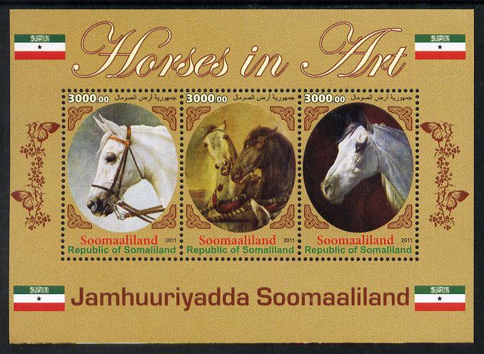 Somaliland 2011 Horses in Art perf sheetlet containing 3 values unmounted mint, stamps on , stamps on  stamps on arts, stamps on  stamps on horses