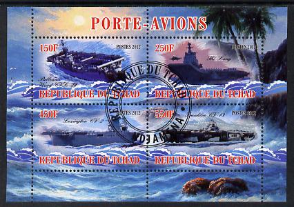 Chad 2012 Aircraft Carriers #3 perf sheetlet containing 4 values fine cto used, stamps on ships, stamps on flat tops, stamps on aircraft carriers, stamps on aviation