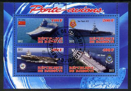 Djibouti 2012 Aircraft Carriers #3 perf sheetlet containing 4 values fine cto used, stamps on , stamps on  stamps on ships, stamps on  stamps on flat tops, stamps on  stamps on aircraft carriers, stamps on  stamps on aviation