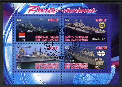 Djibouti 2012 Aircraft Carriers #5 perf sheetlet containing 4 values fine cto used, stamps on ships, stamps on flat tops, stamps on aircraft carriers, stamps on aviation