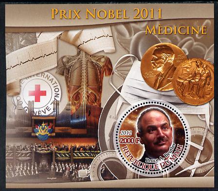 Mali 2012 Nobel Prize for Medicine - Bruce A Beutler perf souvenir sheet containing circular stamp unmounted mint, stamps on , stamps on  stamps on nobel, stamps on  stamps on medicine, stamps on  stamps on medical, stamps on  stamps on red cross, stamps on  stamps on , stamps on  stamps on shaped