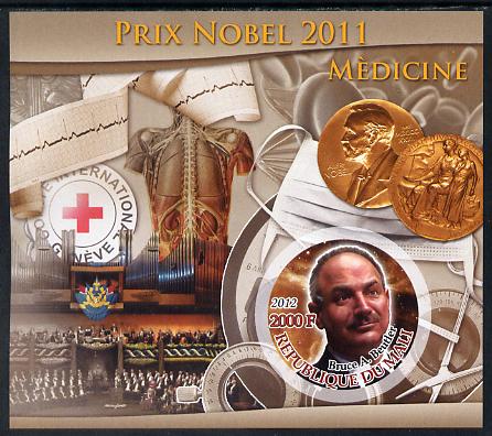 Mali 2011 Nobel Prize for Medicine - Bruce A Beutler imperf souvenir sheet containing circular stamp unmounted mint, stamps on , stamps on  stamps on nobel, stamps on  stamps on medicine, stamps on  stamps on medical, stamps on  stamps on red cross, stamps on  stamps on , stamps on  stamps on shaped