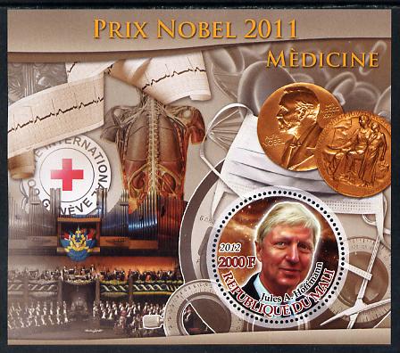 Mali 2012 Nobel Prize for Medicine - Jules A Hoffmann perf souvenir sheet containing circular stamp unmounted mint, stamps on , stamps on  stamps on nobel, stamps on  stamps on medicine, stamps on  stamps on medical, stamps on  stamps on red cross, stamps on  stamps on , stamps on  stamps on shaped