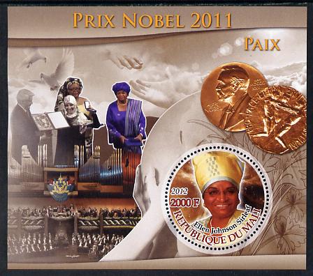 Mali 2012 Nobel Peace Prize - Ellen Johnson Sirleaf perf souvenir sheet containing circular stamp unmounted mint, stamps on , stamps on  stamps on nobel, stamps on  stamps on peace, stamps on  stamps on shaped