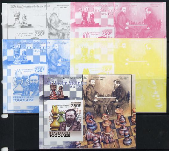 Togo 2011 Chess - Wilhelm Steinitz #1 m/sheet sheet - the set of 5 imperf progressive proofs comprising the 4 individual colours plus all 4-colour composite, unmounted mi..., stamps on personalities, stamps on chess, stamps on 