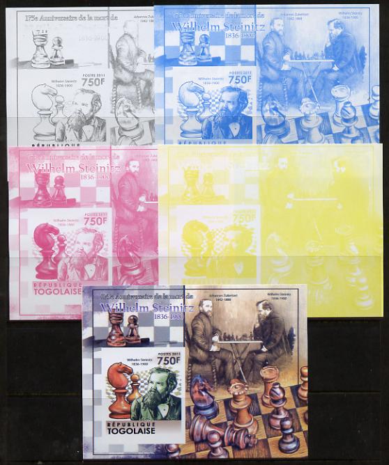 Togo 2011 Chess - Wilhelm Steinitz #2 m/sheet sheet - the set of 5 imperf progressive proofs comprising the 4 individual colours plus all 4-colour composite, unmounted mi..., stamps on personalities, stamps on chess, stamps on 