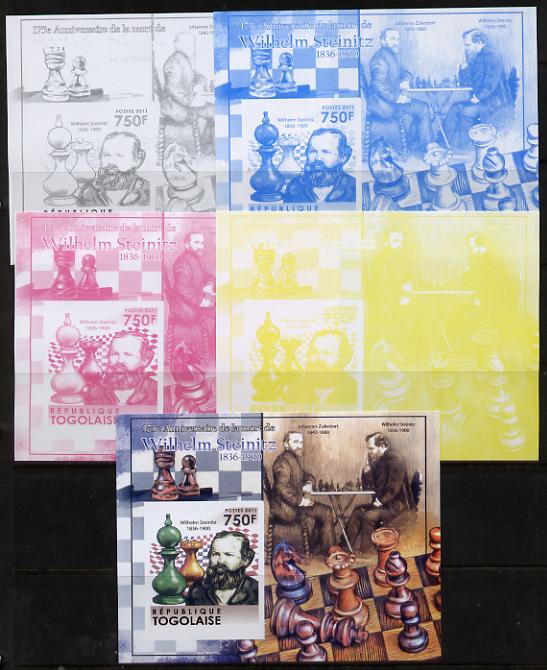 Togo 2011 Chess - Wilhelm Steinitz #3 m/sheet sheet - the set of 5 imperf progressive proofs comprising the 4 individual colours plus all 4-colour composite, unmounted mi..., stamps on personalities, stamps on chess, stamps on 