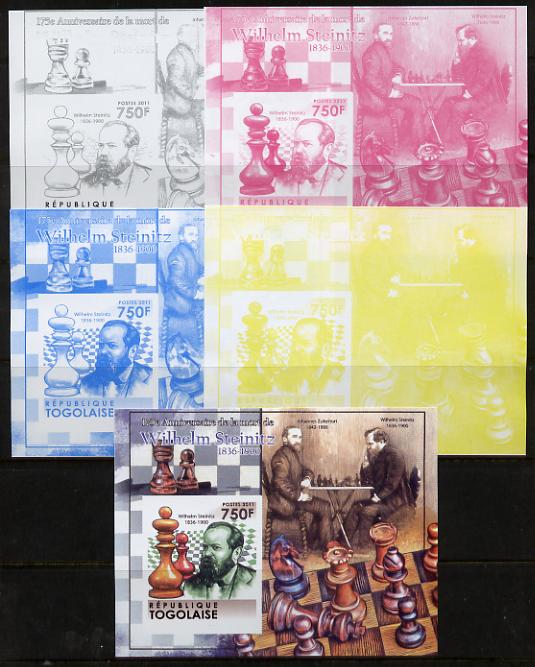 Togo 2011 Chess - Wilhelm Steinitz #4 m/sheet sheet - the set of 5 imperf progressive proofs comprising the 4 individual colours plus all 4-colour composite, unmounted mi..., stamps on personalities, stamps on chess, stamps on 
